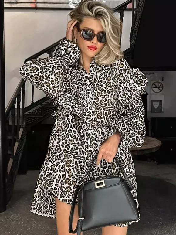 Women Jacket Turndown Collar Buttons Leopard Print Long Sleeve Outerwear