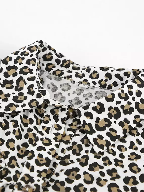 Women Jacket Turndown Collar Buttons Leopard Print Long Sleeve Outerwear