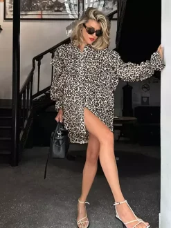 Women Jacket Turndown Collar Buttons Leopard Print Long Sleeve Outerwear