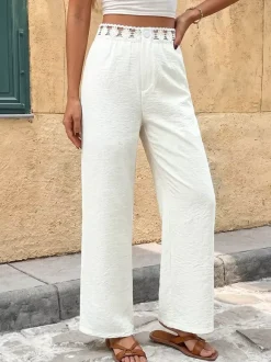 Women Lace Waist Wide Leg Pants Cream White Elastic High Waist Trousers