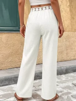 Women Lace Waist Wide Leg Pants Cream White Elastic High Waist Trousers