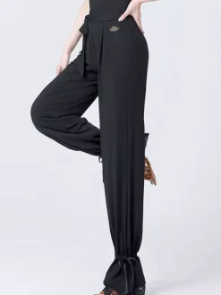 Women Latin Dance Bottoms High Waist Ribbon Dance Pants