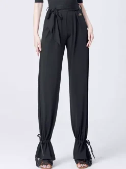 Women Latin Dance Bottoms High Waist Ribbon Dance Pants