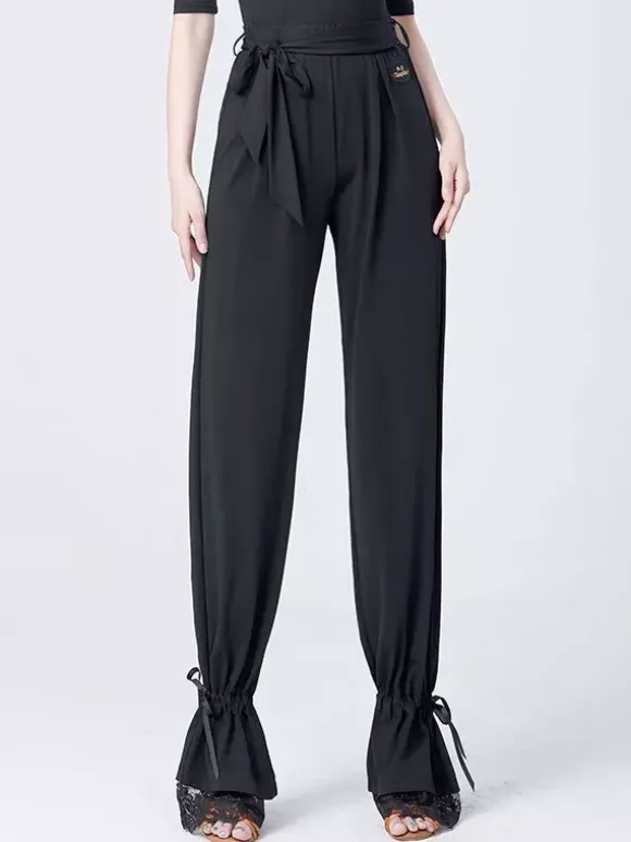 Women Latin Dance Bottoms High Waist Ribbon Dance Pants