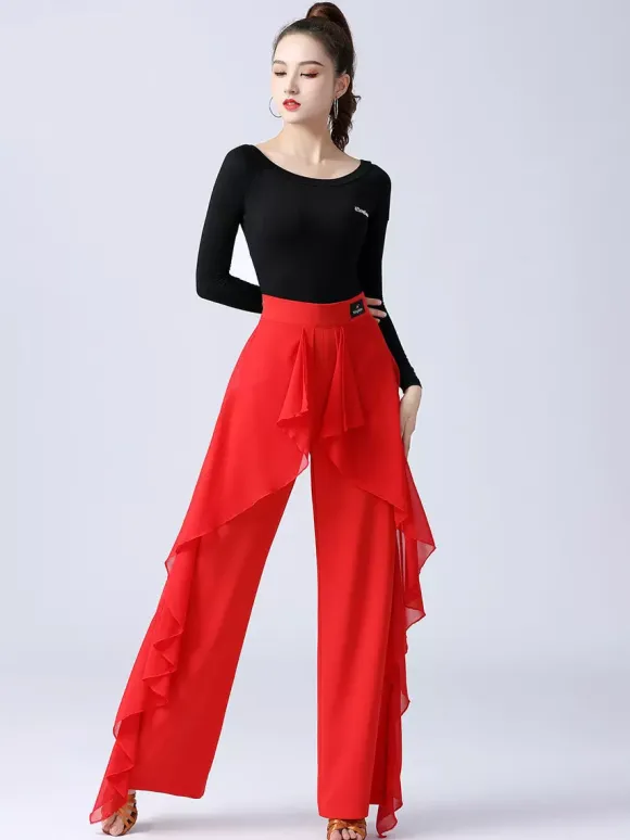 Women Latin Dance Pants Ruffles Pure Color Waisted Splicing Ballroom Dance Performance Training Bottoms