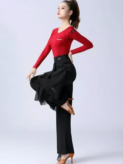 Women Latin Dance Pants Ruffles Pure Color Waisted Splicing Ballroom Dance Performance Training Bottoms