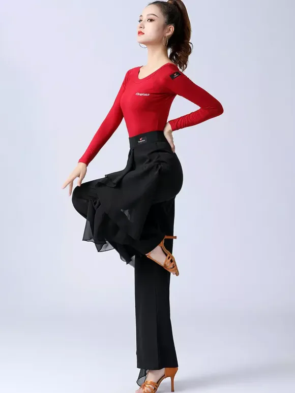 Women Latin Dance Pants Ruffles Pure Color Waisted Splicing Ballroom Dance Performance Training Bottoms