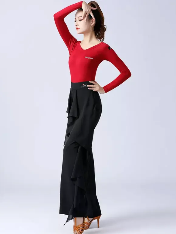 Women Latin Dance Pants Ruffles Pure Color Waisted Splicing Ballroom Dance Performance Training Bottoms