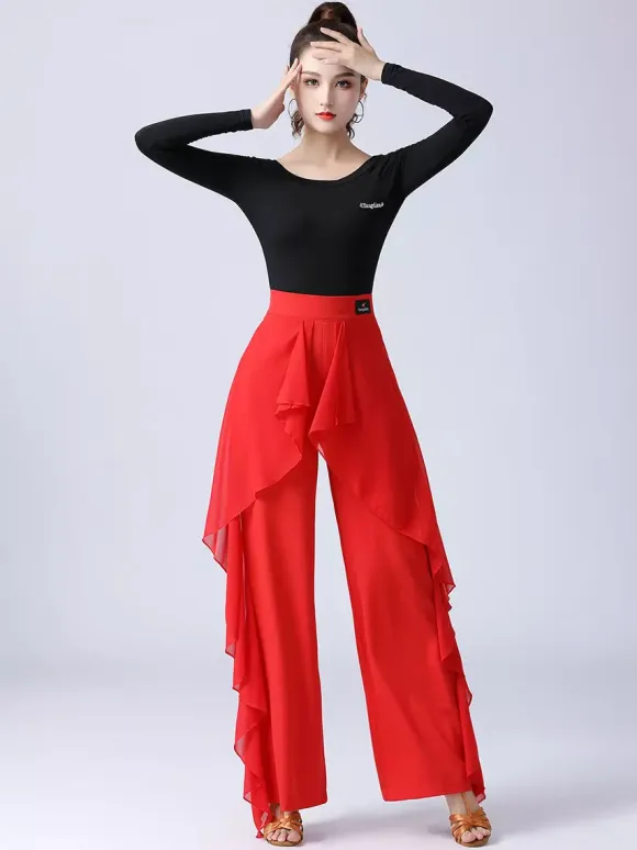 Women Latin Dance Pants Ruffles Pure Color Waisted Splicing Ballroom Dance Performance Training Bottoms