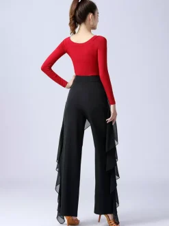 Women Latin Dance Pants Ruffles Pure Color Waisted Splicing Ballroom Dance Performance Training Bottoms