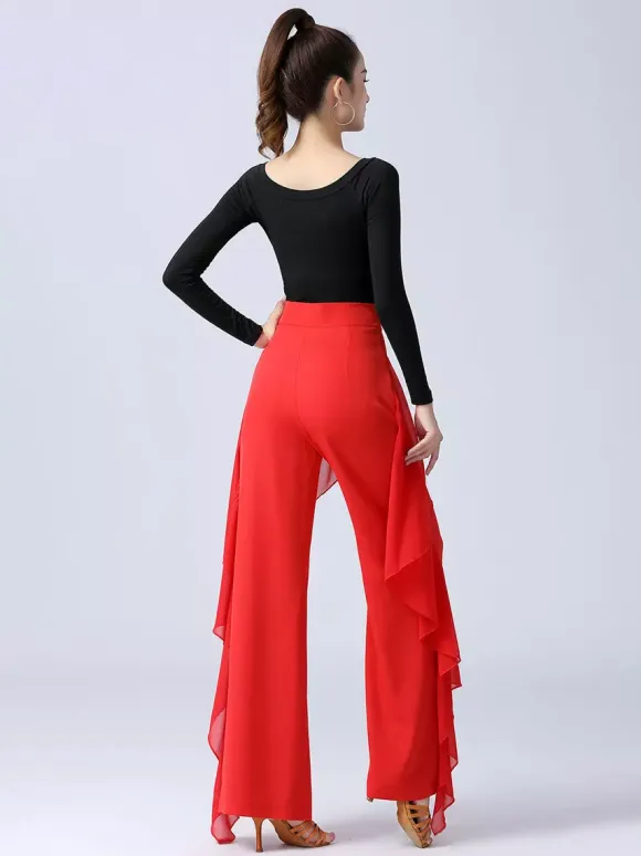 Women Latin Dance Pants Ruffles Pure Color Waisted Splicing Ballroom Dance Performance Training Bottoms
