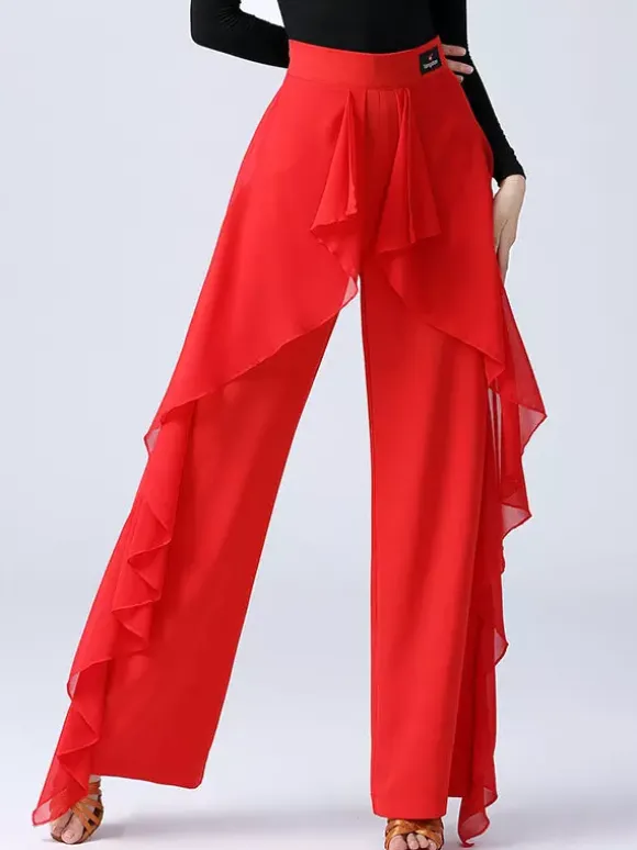 Women Latin Dance Pants Ruffles Pure Color Waisted Splicing Ballroom Dance Performance Training Bottoms