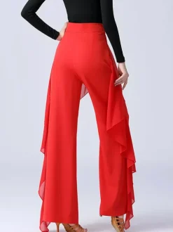 Women Latin Dance Pants Ruffles Pure Color Waisted Splicing Ballroom Dance Performance Training Bottoms