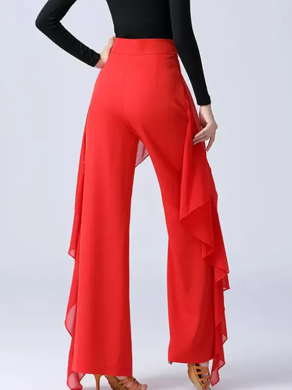 Women Latin Dance Pants Ruffles Pure Color Waisted Splicing Ballroom Dance Performance Training Bottoms