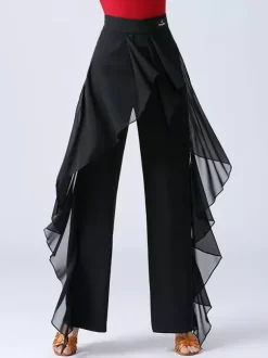 Women Latin Dance Pants Ruffles Pure Color Waisted Splicing Ballroom Dance Performance Training Bottoms