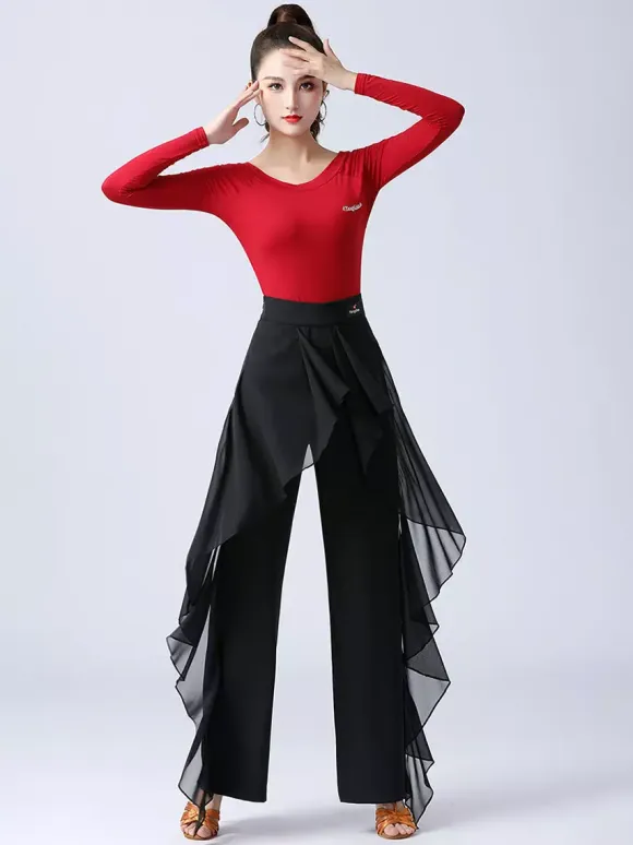 Women Latin Dance Pants Ruffles Pure Color Waisted Splicing Ballroom Dance Performance Training Bottoms