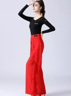 Women Latin Dance Pants Ruffles Pure Color Waisted Splicing Ballroom Dance Performance Training Bottoms