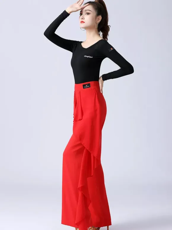 Women Latin Dance Pants Ruffles Pure Color Waisted Splicing Ballroom Dance Performance Training Bottoms