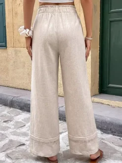 Women Linen Blend Drawstring Wide Leg Pants Lace Hem Elastic Waist Casual Trousers