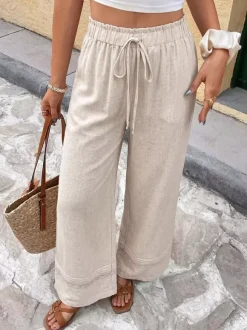 Women Linen Blend Drawstring Wide Leg Pants Lace Hem Elastic Waist Casual Trousers