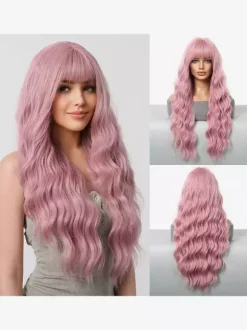 Women Long Wig Pink Chic Synthetic Wigs