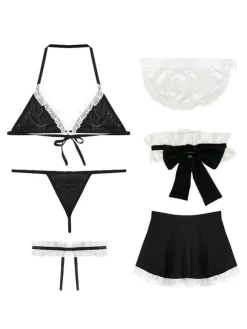 Women Maid Costume 6-Piece Set Mini Skirt T-Back Apron Bra Headwear Choker Servant Sexy Bedroom Costumes