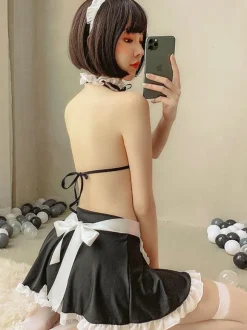 Women Maid Costume 6-Piece Set Mini Skirt T-Back Apron Bra Headwear Choker Servant Sexy Bedroom Costumes