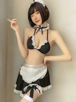 Women Maid Costume 6-Piece Set Mini Skirt T-Back Apron Bra Headwear Choker Servant Sexy Bedroom Costumes