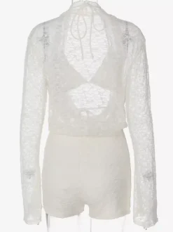 Women Mesh Lace 2 Piece Cover Up Set Long Sleeve Wrap Top Shorts Beach Outfit