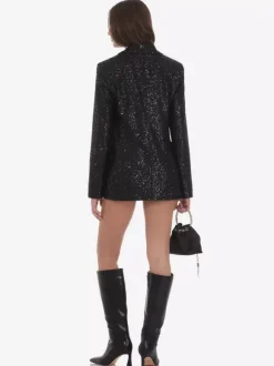 Women Notched Lapel Double Breasted Sequin Oversized Blazer Jacket