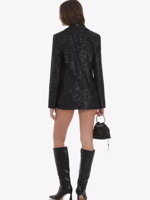 Women Notched Lapel Double Breasted Sequin Oversized Blazer Jacket