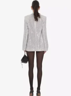 Women Notched Lapel Double Breasted Sequin Oversized Blazer Jacket