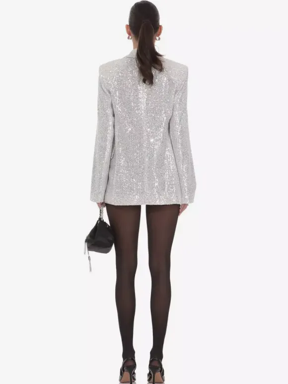 Women Notched Lapel Double Breasted Sequin Oversized Blazer Jacket