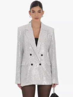 Women Notched Lapel Double Breasted Sequin Oversized Blazer Jacket