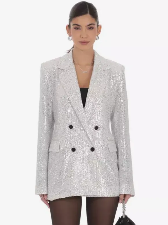 Women Notched Lapel Double Breasted Sequin Oversized Blazer Jacket