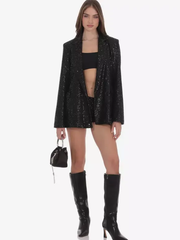Women Notched Lapel Double Breasted Sequin Oversized Blazer Jacket