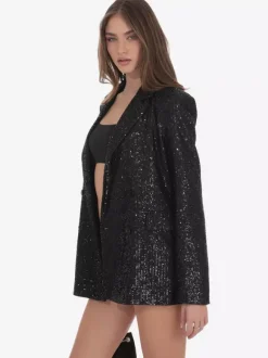 Women Notched Lapel Double Breasted Sequin Oversized Blazer Jacket