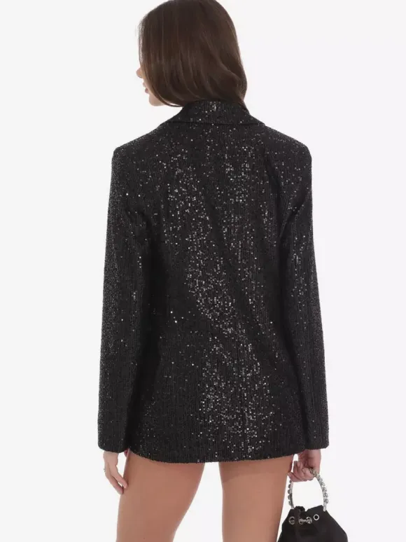 Women Notched Lapel Double Breasted Sequin Oversized Blazer Jacket