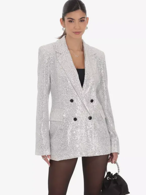 Women Notched Lapel Double Breasted Sequin Oversized Blazer Jacket