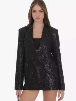 Women Notched Lapel Double Breasted Sequin Oversized Blazer Jacket