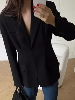 Women Notched Lapel Single Button Fitted Waist Tailored Black Blazer Jacket