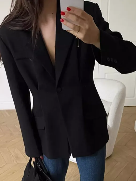 Women Notched Lapel Single Button Fitted Waist Tailored Black Blazer Jacket
