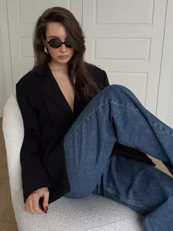 Women Notched Lapel Single Button Fitted Waist Tailored Black Blazer Jacket