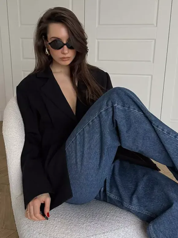 Women Notched Lapel Single Button Fitted Waist Tailored Black Blazer Jacket