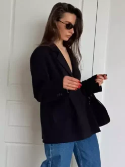 Women Notched Lapel Single Button Fitted Waist Tailored Black Blazer Jacket