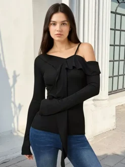 Women Off Shoulder Ruffle Tie Long Sleeve Slim Top Spaghetti Strap Blouse