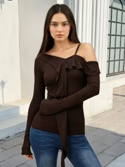 Women Off Shoulder Ruffle Tie Long Sleeve Slim Top Spaghetti Strap Blouse