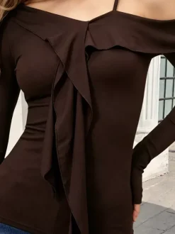 Women Off Shoulder Ruffle Tie Long Sleeve Slim Top Spaghetti Strap Blouse