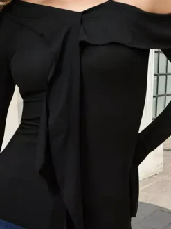 Women Off Shoulder Ruffle Tie Long Sleeve Slim Top Spaghetti Strap Blouse