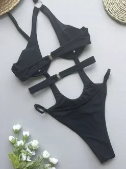 Women One Piece Swimsuits Black Lace Up Asymmetrical Summer Beach Swimwear